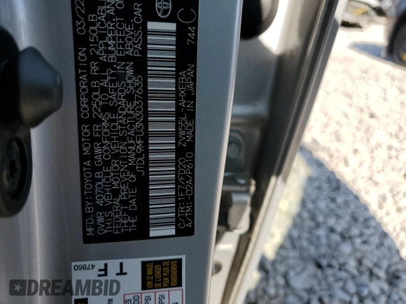 2022 Toyota Prius LE with VIN JTDL9MFU3N3037635, listed as a Copart auction lot 62325235 with 38,095 mi miles and Salvage title. Bid and sale history available at DreamBid. Image 12.