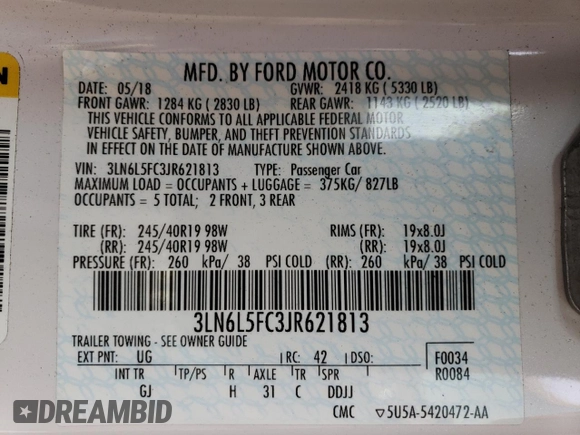 2018 Lincoln MKZ Reserve with VIN 3LN6L5FC3JR621813, listed as a Copart auction lot 47445483 with 49,914 mi miles and . Bid and sale history available at DreamBid. Image 13.