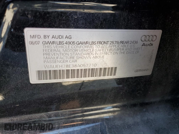 2008 Audi A4 z VIN WAUEH78E38A057710, wystawiony jako Copart lot #59423825 z przebiegiem 120 021 mil mil oraz Czysty tytuł • Clean title. Historia ofert i sprzedaży dostępna na DreamBid. Obrazek 12.