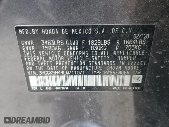2020 Honda Fit LX with VIN 3HGGK5H44LM711071, listed as a Copart auction lot 56633205 with Not provided miles and Salvage title. Bid and sale history available at DreamBid. Image 14.