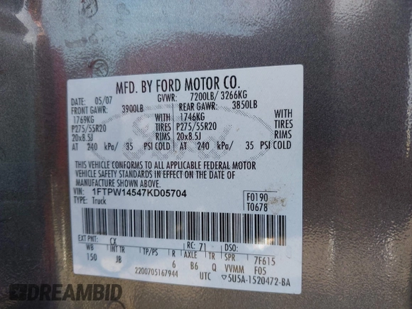 2007 Ford F-150 XLT с VIN 1FTPW14547KD05704, выставлен на аукционе IAAI как лот 42477549 с пробегом 303 039 миль миль и . История ставок и продаж доступна на DreamBid. Изображение 9.
