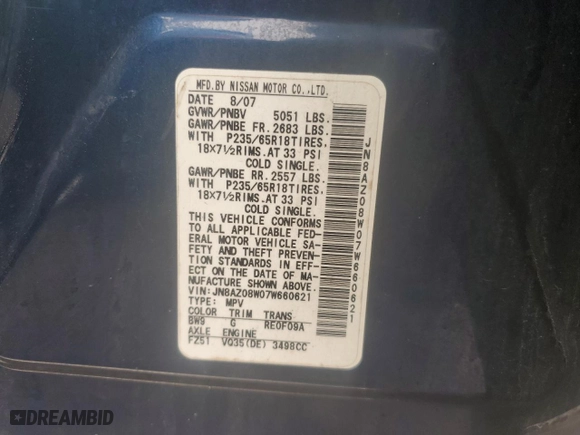 2007 Nissan Murano S with VIN JN8AZ08W07W660621, listed as a Copart auction lot 49340275 with 173,979 mi miles and Salvage Title. Bid and sale history available at carsss.com. Image 12.