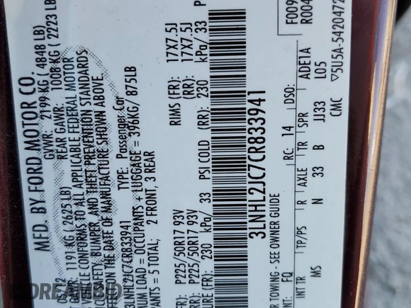 2012 Lincoln MKZ with VIN 3LNHL2JC7CR833941, listed as a Copart auction lot 89168565 with 120,354 mi miles and Salvage Title. Bid and sale history available at DreamBid. Image 12.