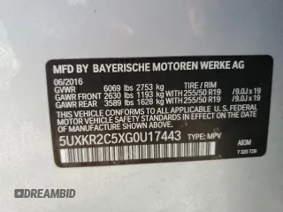 2016 BMW X5 sDrive35i with VIN 5UXKR2C5XG0U17443, listed as a Copart auction lot 47179675 with 52,232 mi miles and Salvage Title. Bid and sale history available at carsss.com. Image 14.