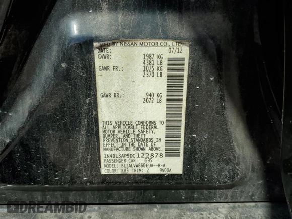 2013 Nissan Altima SL with VIN 1N4BL3AP9DC122878, listed as a Copart auction lot 56214325 with Not provided miles and Salvage title. Bid and sale history available at DreamBid. Image 12.