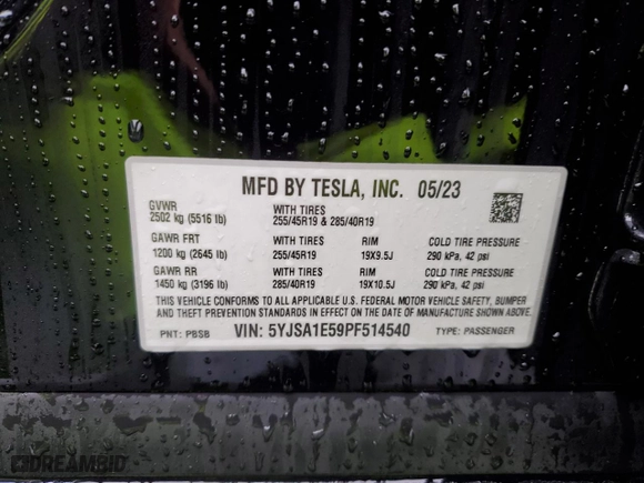 2023 Tesla Model S with VIN 5YJSA1E59PF514540, listed as a Copart auction lot 45308895 with 24,165 mi miles and Salvage Title. Bid and sale history available at carsss.com. Image 14.