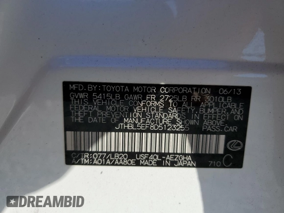 2013 Lexus LS 460 z VIN JTHBL5EF8D5123255, wystawiony jako Copart lot #76777644 z przebiegiem Nie podano mil oraz Szkoda całkowita • Salvage title. Historia ofert i sprzedaży dostępna na DreamBid. Obrazek 12.