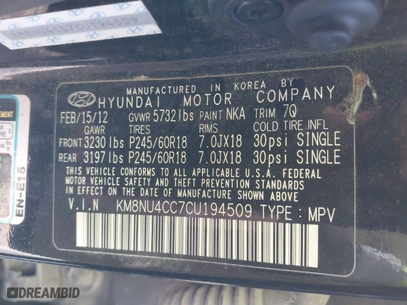 2012 Hyundai Veracruz Limited with VIN KM8NU4CC7CU194509, listed as a IAAI auction lot 41781645 with 257,344 mi miles. Bid and sale history available at carsss.com. Image 9.