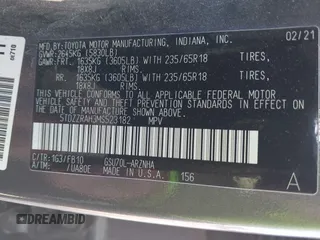 2021 Toyota Highlander L with VIN 5TDZZRAH3MS523182, listed as a IAAI auction lot 42052236 with 62,721 mi miles and . Bid and sale history available at DreamBid. Image 9.