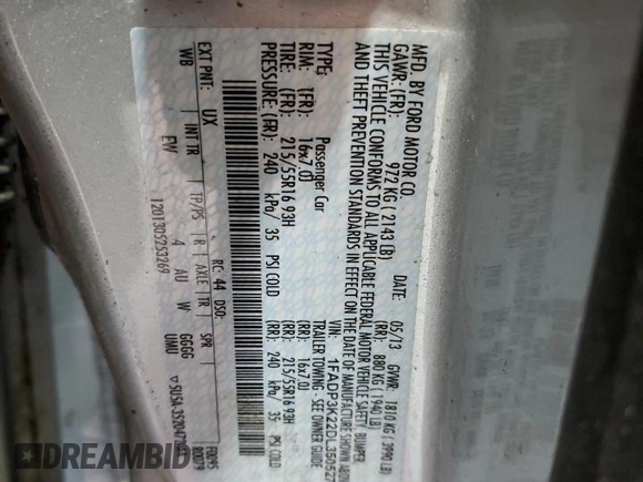 2013 Ford Focus SE with VIN 1FADP3K22DL350527, listed as a Copart auction lot 51741945 with 53,283 mi miles and Salvage Title. Bid and sale history available at DreamBid. Image 12.