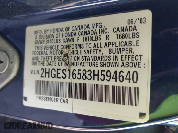 2003 Honda Civic LX with VIN 2HGES16583H594640, listed as a IAAI auction lot 42157801 with 167,981 mi miles. Bid and sale history available at carsss.com. Image 9.