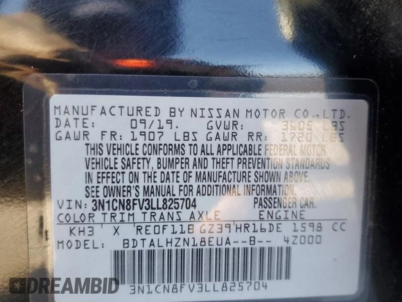 2020 Nissan Versa SR with VIN 3N1CN8FV3LL825704, listed as a Copart auction lot 49979355 with 165,884 mi miles and Salvage Title. Bid and sale history available at carsss.com. Image 13.