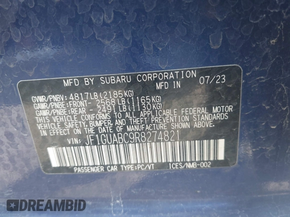 2024 Subaru Impreza with VIN JF1GUABC9R8274821, listed as a IAAI auction lot 41634793 with 19,290 mi miles. Bid and sale history available at carsss.com. Image 9.