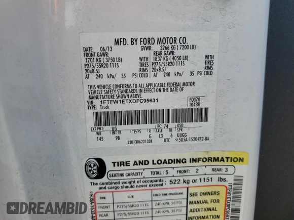 2013 Ford F-150 XL with VIN 1FTFW1ETXDFC95631, listed as a Copart auction lot 60252685 with 136,427 mi miles and Salvage title. Bid and sale history available at DreamBid. Image 12.