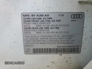 2021 Audi Q5 Premium with VIN WA1AAAFY0M2032763, listed as a Copart auction lot 50742395 with 50,511 mi miles and Salvage Title. Bid and sale history available at carsss.com. Image 14.