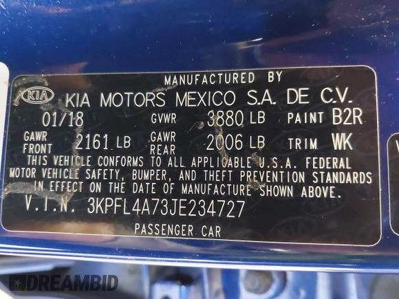2018 Kia Forte LX with VIN 3KPFL4A73JE234727, listed as a IAAI auction lot 42144221 with 105,300 mi miles and . Bid and sale history available at DreamBid. Image 9.