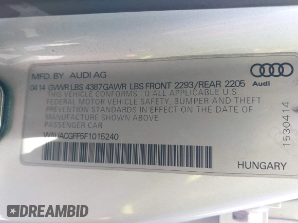 2015 Audi A3 Premium z VIN WAUACGFF5F1015240, wystawiony jako IAAI lot #42032916 z przebiegiem 129 656 mil mil oraz . Historia ofert i sprzedaży dostępna na DreamBid. Obrazek 9.
