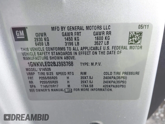 2011 Chevrolet Traverse LTZ with VIN 1GNKVLED2BJ393768, listed as a IAAI auction lot 41902319 with Not Provided miles and . Bid and sale history available at DreamBid. Image 9.