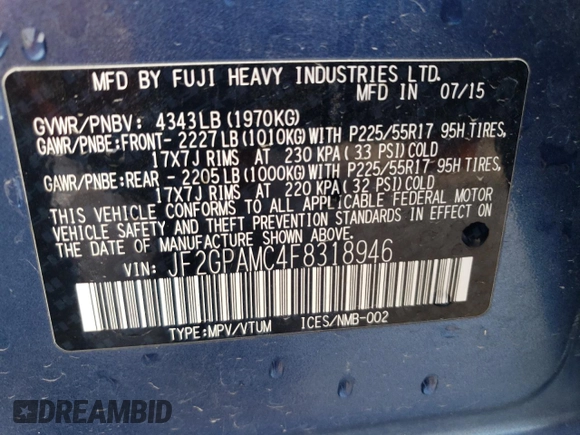 2015 Subaru Crosstrek Limited with VIN JF2GPAMC4F8318946, listed as a Copart auction lot 87439744 with 97,017 mi miles and Salvage title. Bid and sale history available at DreamBid. Image 14.