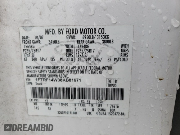 2008 Ford F-150 XL z VIN 1FTRF14W38KB81671, wystawiony jako Copart lot #84194884 z przebiegiem 297 045 mil mil oraz Szkoda całkowita • Salvage title. Historia ofert i sprzedaży dostępna na DreamBid. Obrazek 12.