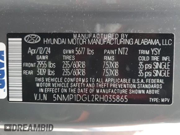 2024 Hyundai Santa Fe SE with VIN 5NMP1DGL2RH035865, listed as a Copart auction lot 84512534 with 19,130 mi miles and Salvage title. Bid and sale history available at DreamBid. Image 13.