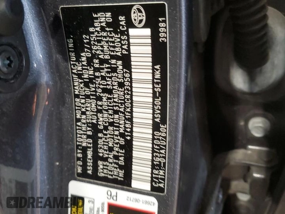 2012 Toyota Camry L with VIN 4T4BF1FK0CR239567, listed as a Copart auction lot 54764815 with 57,425 mi miles and Salvage Title. Bid and sale history available at carsss.com. Image 12.