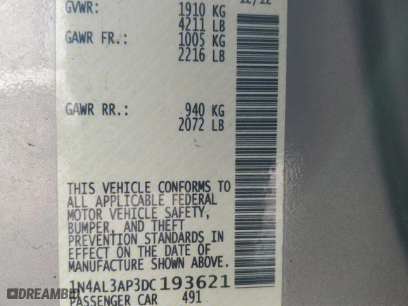 2013 Nissan Altima 2.5 SL with VIN 1N4AL3AP3DC193621, listed as a Copart auction lot 49614135 with 197,111 mi miles and Salvage Title. Bid and sale history available at carsss.com. Image 12.