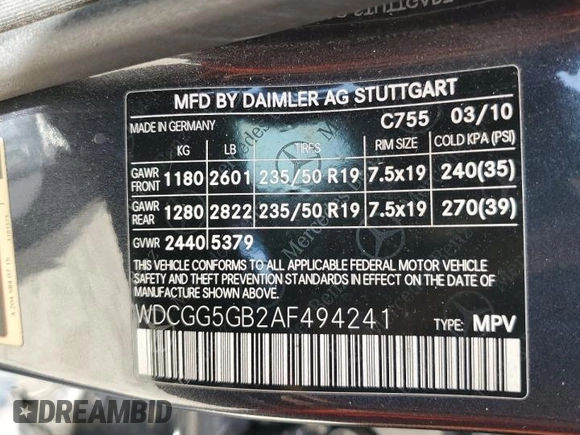 2010 Mercedes-Benz GLK 350 with VIN WDCGG5GB2AF494241, listed as a Copart auction lot 75194064 with Not Provided miles and Salvage Title. Bid and sale history available at DreamBid. Image 12.