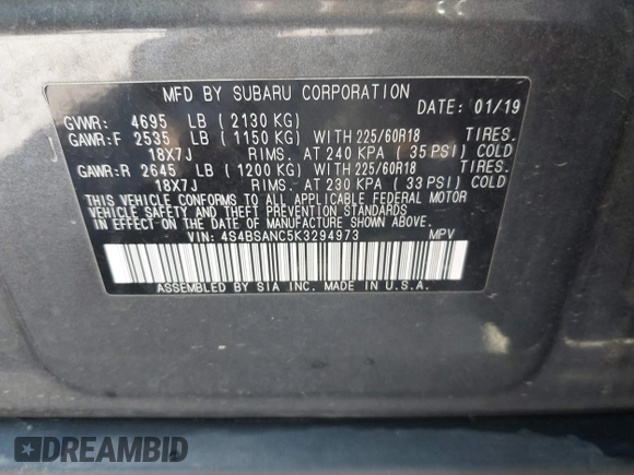 2019 Subaru Outback Limited with VIN 4S4BSANC5K3294973, listed as a IAAI auction lot 42068080 with 88,415 mi miles and . Bid and sale history available at DreamBid. Image 9.