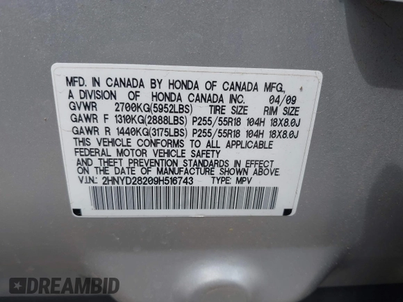 2009 Acura MDX with VIN 2HNYD28209H516743, listed as a IAAI auction lot 42048208 with 179,680 mi miles. Bid and sale history available at carsss.com. Image 9.