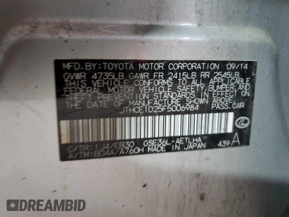 2015 Lexus IS 350 with VIN JTHCE1D25F5006984, listed as a Copart auction lot 58357905 with 117,688 mi miles and Clean title. Bid and sale history available at DreamBid. Image 13.