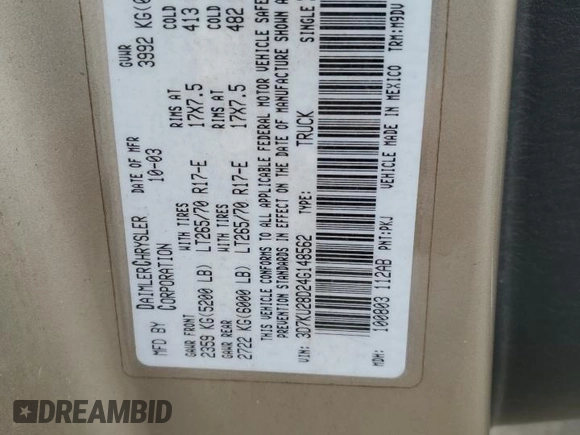 2004 Dodge 2500 SLT z VIN 3D7KU28D24G148562, wystawiony jako Copart lot #45872455 z przebiegiem Nie podano mil oraz Szkoda całkowita • Salvage title. Historia ofert i sprzedaży dostępna na DreamBid. Obrazek 12.