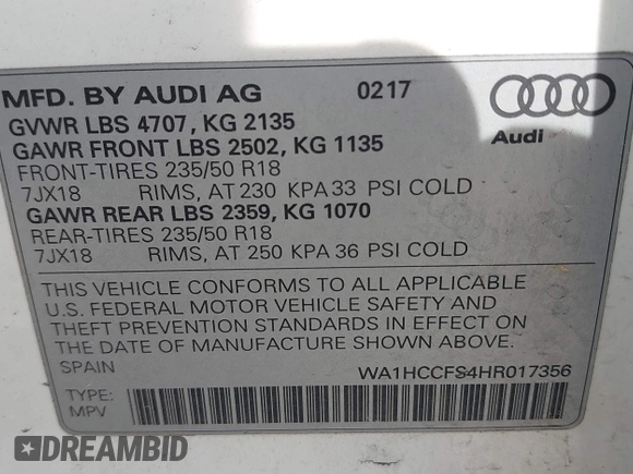 2017 Audi Q3 Premium Plus z VIN WA1HCCFS4HR017356, wystawiony jako IAAI lot #42054078 z przebiegiem 139 691 mil mil oraz . Historia ofert i sprzedaży dostępna na DreamBid. Obrazek 9.