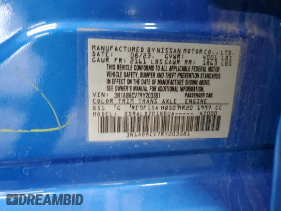 2024 Nissan Sentra SV с VIN 3N1AB8CV7RY203381, выставлен на аукционе Copart как лот 65232245 с пробегом 30 987 миль миль и Чистый • Clean title. История ставок и продаж доступна на DreamBid. Изображение 12.