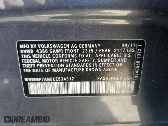 2012 Volkswagen CC R-Line z VIN WVWMP7AN5CE534912, wystawiony jako Copart lot #58267995 z przebiegiem 124 995 mil mil oraz Szkoda całkowita • Salvage title. Historia ofert i sprzedaży dostępna na DreamBid. Obrazek 12.