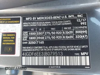 2018 Mercedes-Benz GLS with VIN 4JGDF6EE3JB079513, listed as a IAAI auction lot 41725648 with 60,590 mi miles. Bid and sale history available at carsss.com. Image 9.