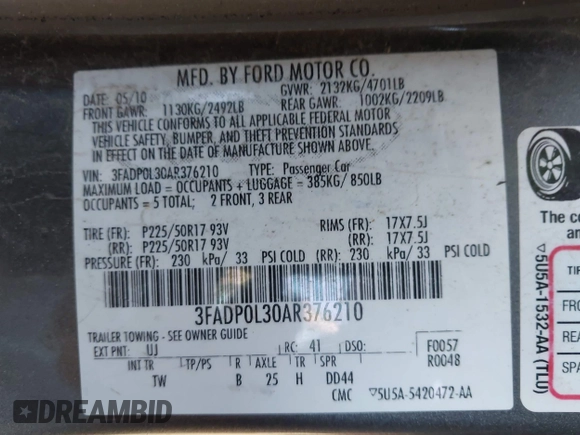 2010 Ford Fusion Hybrid with VIN 3FADP0L30AR376210, listed as a IAAI auction lot 42110727 with 108,897 mi miles. Bid and sale history available at carsss.com. Image 9.