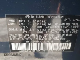 2025 Subaru Outback Premium with VIN 4S4BTADC4S3242331, listed as a IAAI auction lot 42565795 with 111 mi miles and . Bid and sale history available at DreamBid. Image 9.