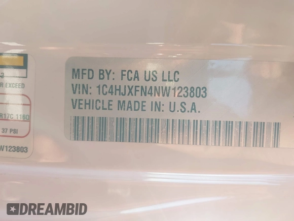 2022 Jeep Wrangler Unlimited Rubicon with VIN 1C4HJXFN4NW123803, listed as a IAAI auction lot 40994742 with 36,156 mi miles and . Bid and sale history available at DreamBid. Image 9.