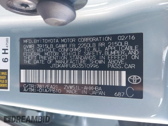 2016 Toyota Prius Four with VIN JTDKARFU8G3510996, listed as a IAAI auction lot 41406304 with 118,526 mi miles and . Bid and sale history available at DreamBid. Image 9.