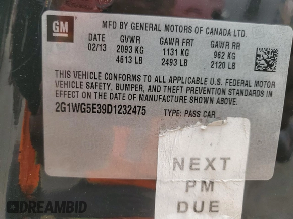 2013 Chevrolet Impala LT with VIN 2G1WG5E39D1232475, listed as a Copart auction lot 53797565 with 163,323 mi miles and Salvage Title. Bid and sale history available at DreamBid. Image 12.