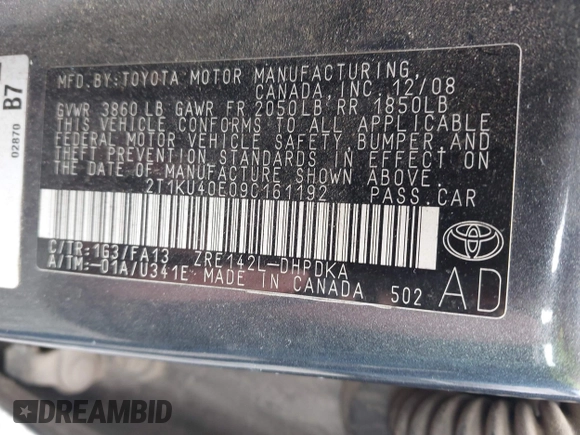 2009 Toyota Matrix z VIN 2T1KU40E09C161192, wystawiony jako IAAI lot #42199476 z przebiegiem 190 275 mil mil oraz . Historia ofert i sprzedaży dostępna na DreamBid. Obrazek 9.