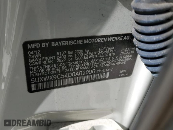2013 BMW X3 xDrive28i with VIN 5UXWX9C54D0A09096, listed as a Copart auction lot 52481325 with Not Provided miles and Clean Title. Bid and sale history available at DreamBid. Image 13.