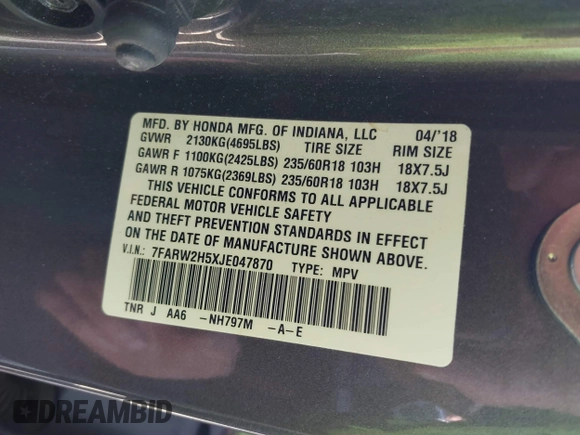 2018 Honda CR-V EX with VIN 7FARW2H5XJE047870, listed as a IAAI auction lot 41777145 with 50,358 mi miles and . Bid and sale history available at carsss.com. Image 9.