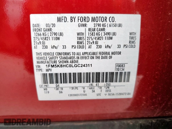 2020 Ford Explorer Platinum with VIN 1FM5K8HC0LGC24311, listed as a Copart auction lot 53174255 with 44,022 mi miles and Clean title. Bid and sale history available at DreamBid. Image 13.