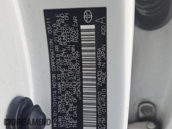 2011 Toyota Prius I with VIN JTDKN3DU1B0297789, listed as a Copart auction lot 84598534 with 218,023 mi miles and Salvage Title. Bid and sale history available at DreamBid. Image 13.