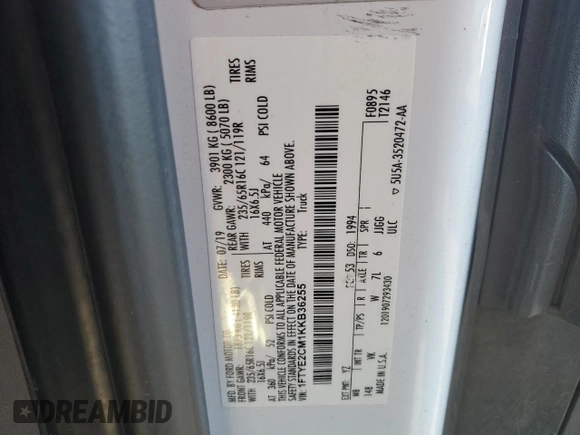 2019 Ford Transit z VIN 1FTYE2CM1KKB36255, wystawiony jako Copart lot #85185864 z przebiegiem 72 053 mil mil oraz Szkoda całkowita • Salvage title. Historia ofert i sprzedaży dostępna na DreamBid. Obrazek 14.
