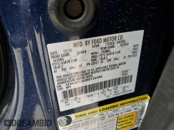 2011 Ford Expedition XLT with VIN 1FMJU1J52BEF22395, listed as a Copart auction lot 58179595 with Not provided miles and Non repairable. Bid and sale history available at DreamBid. Image 13.