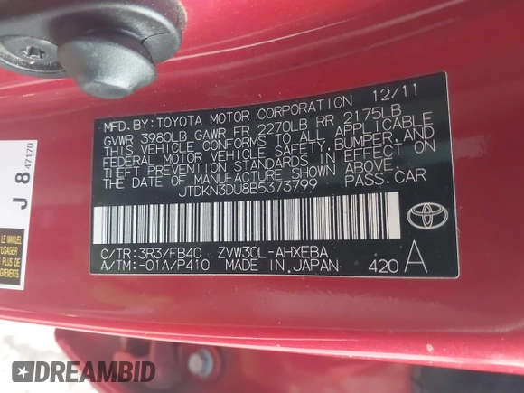 2011 Toyota Prius I with VIN JTDKN3DU8B5373799, listed as a IAAI auction lot 41904662 with 149,749 mi miles. Bid and sale history available at carsss.com. Image 9.