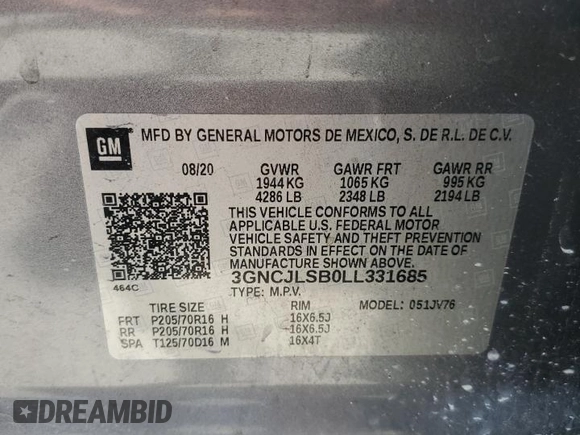 2020 Chevrolet Trax LT with VIN 3GNCJLSB0LL331685, listed as a Copart auction lot 58329685 with 62,776 mi miles and Non repairable. Bid and sale history available at DreamBid. Image 13.